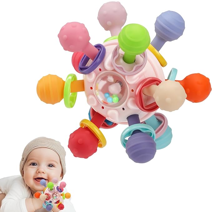 Baby Teething Toys, Baby Teethers Montessori Sensory Toys for 0-6 6-12 Months, Gifts for 1 Year Old Boys Girls Infant Newborn 0 3 6 9 12 18 Months Toys, Pink