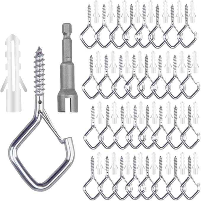 32-Pack Heavy-Duty Silver Screw Eye Hooks with Safety Clips | Metal Ceiling Hooks for Hanging Plants, Wind Chimes, Bird Feeders & Indoor/Outdoor Lights