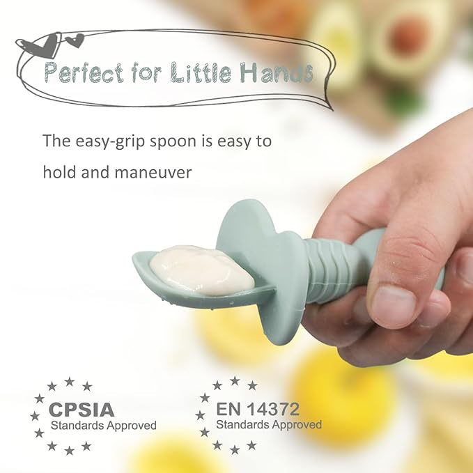Ginbear Platinum Silicone Baby Spoons Self Feeding 6 Months First Stage, Non Toxic Infants Led Weaning Utensils for Training, Soft BLW Supplies Pack of 4 (Hazy Green/Pink)