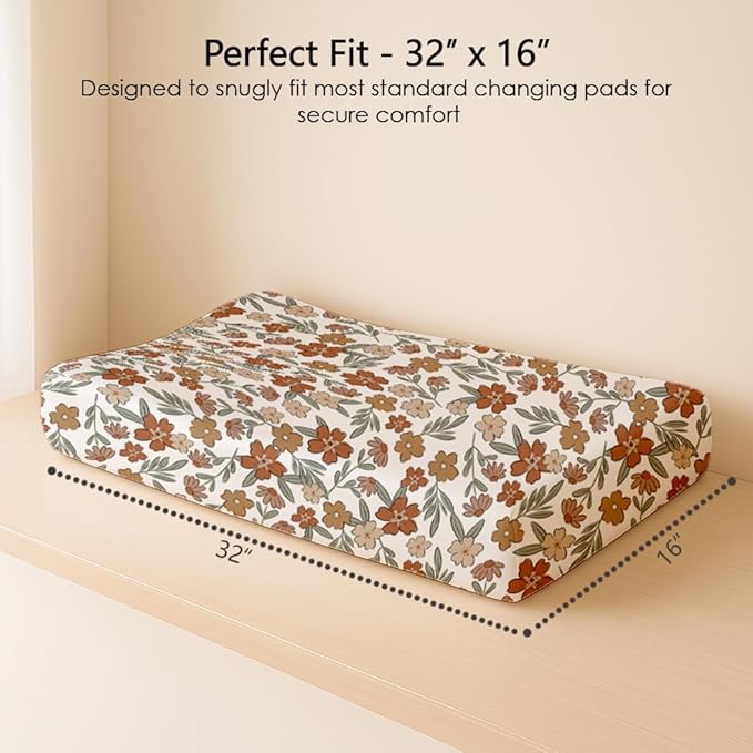 Changing Pad Cover for Baby Boys Girls 2 Pack, Fits Standard 32”×16” Changing Table Pads, Silky Breathable Stretch Knit, Machine Washable (Rusty Garden)