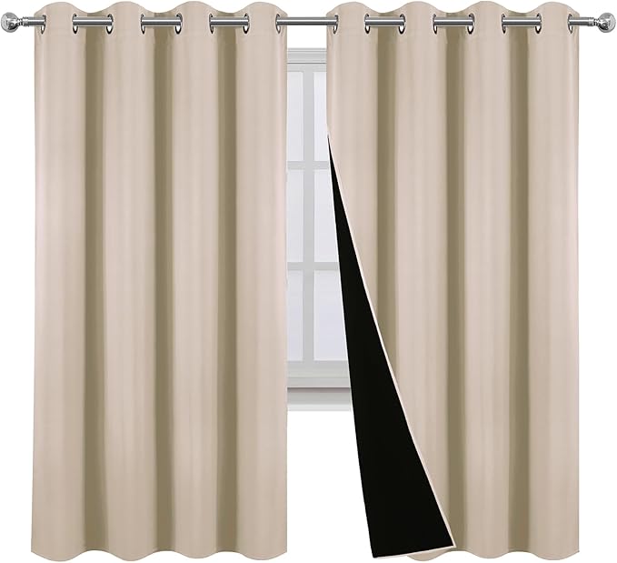 LEMOMO Blackout Curtains 52 x 63 Inch Light Beige Curtains 2 Panels Darkening Thermal Insulated Bedroom Curtains