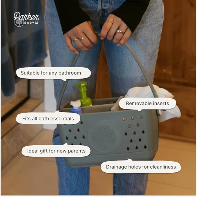 Parker Baby Large Bath Caddy | BPA Free & Food Grade Shower Caddy Organizer for Toys & Supplies | Quick-Dry, Sturdy & Perfect Size Shower Basket w/Handle in Neutral Colors