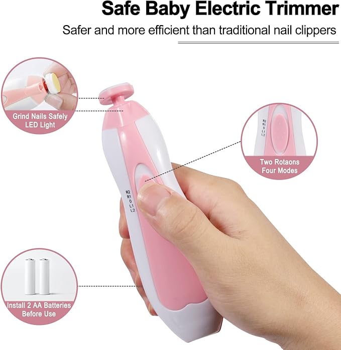 Baby Nail Trimmer Electric, Low Noise Newborn Safe Nail Clipper Kit with Light and Replaceable 6 Grinding Heads, Hand-Holding Care Polish and Trim for Infant Toddler Adults Toes Fingernails, Pink