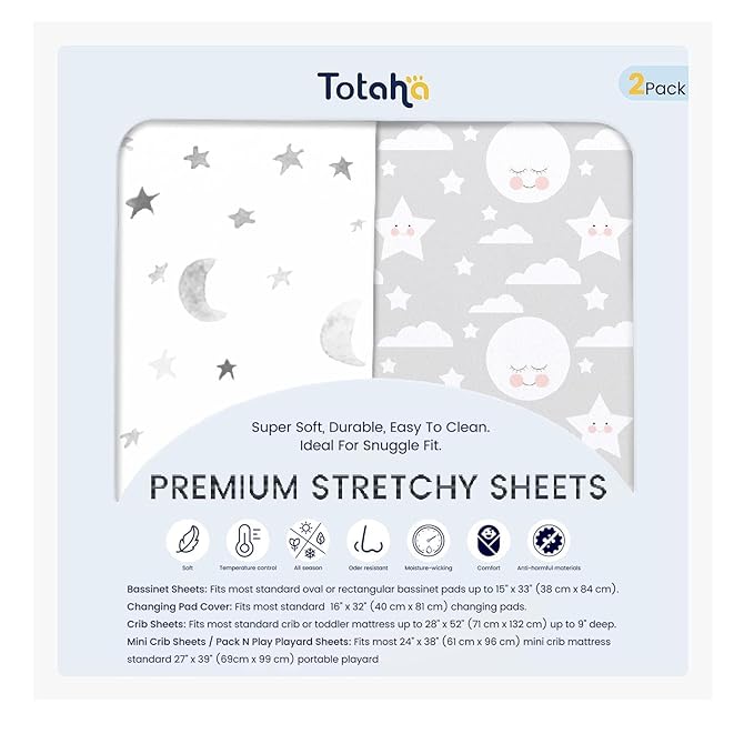 TotAha Premium Stretchy Changing Pad Cover, Buttery Soft Diaper Changing Pad Covers for Girls Boys, Super Stretchy Jersey Knit Changing Table Covers, 2 Pack, Moon & Grey Sky