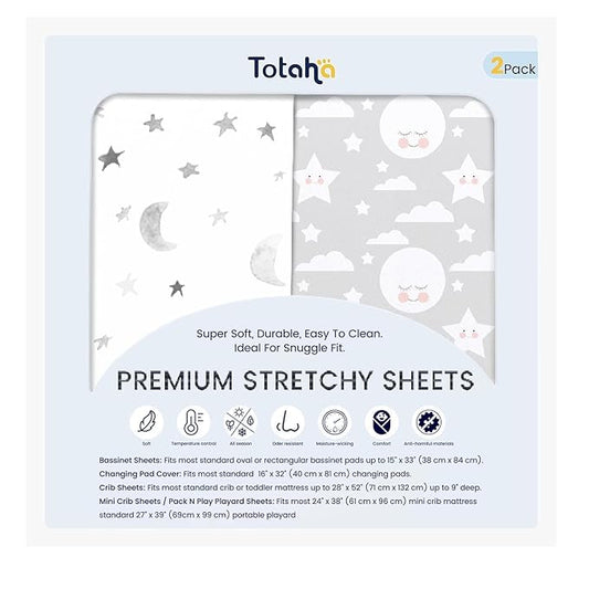 TotAha Premium Stretchy Changing Pad Cover, Buttery Soft Diaper Changing Pad Covers for Girls Boys, Super Stretchy Jersey Knit Changing Table Covers, 2 Pack, Moon & Grey Sky