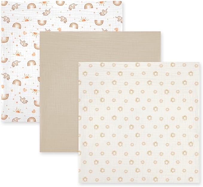 3-Pack 100% Cotton Muslin Swaddle Blankets, Large 47 x 47 Inches — Breathable Soft Receiving Blankets for Newborns, Swaddling Wraps, Registry Gift (Sunny Elephant Theme)