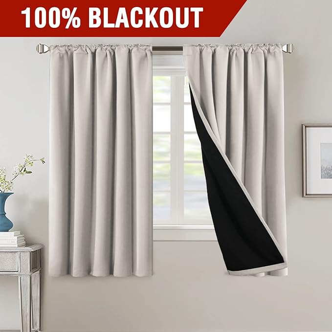 H.VERSAILTEX 100% Blackout Curtains for Bedroom with Black Liner Full Room Darkening Curtains 63 Inch Long Thermal Insulated Back Tab/Rod Pocket Window Drapes for Living Room, 2 Panels, Pumice Stone