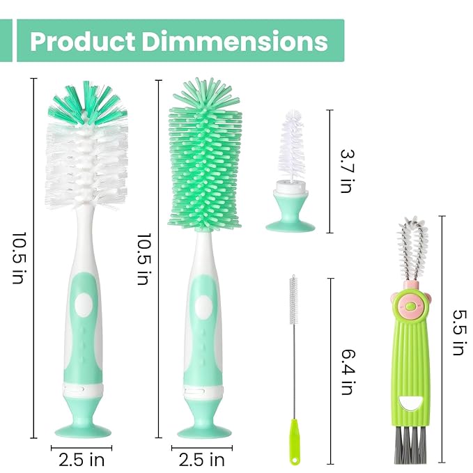 Ariseno 5-in-1 Baby Bottle Brush Set, Bottle Brush for Baby, Bottle Cleaner Brush Set, Including Nylon and Silicone Bottle Brush, Bottle Cap Brush, Straw Brush, Nipple Brush, BPA-Free (Green)
