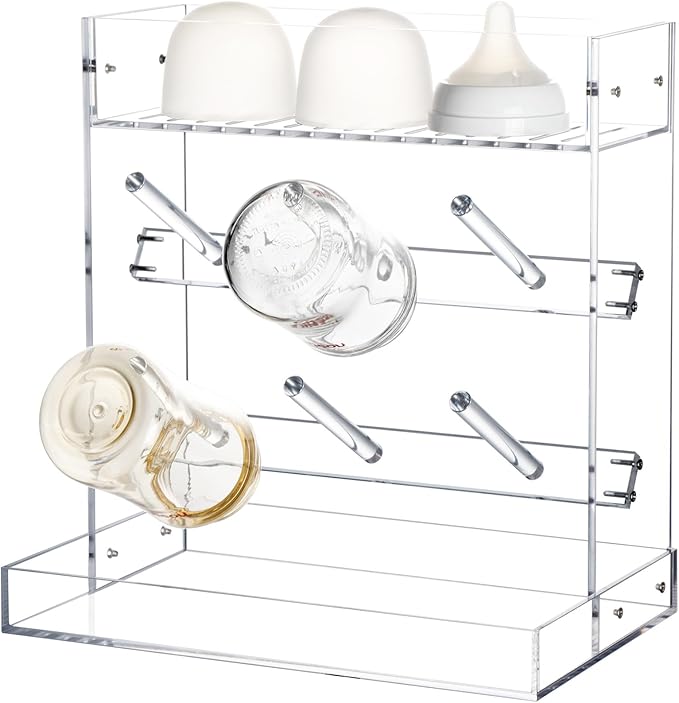 Heyrelda Baby Bottle Drying Rack Space Saving Vertical Acrylic Stand with Drip Tray – Clear Countertop Organizer for Bottles, Baby Accrssories – Fast Drying and Easy Cleanup - 10.3 x 6.3 x 10.6 in