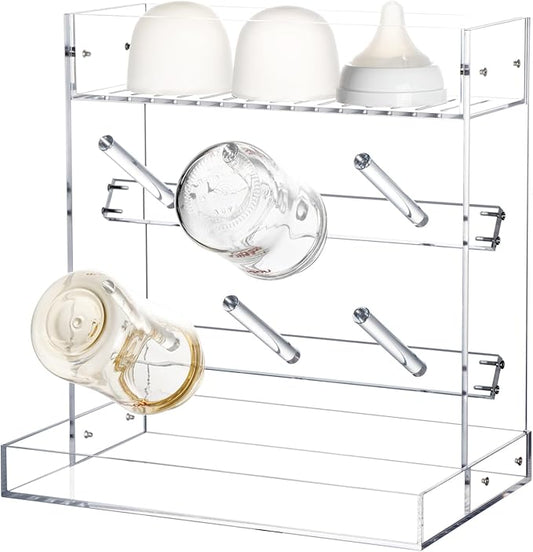 Heyrelda Baby Bottle Drying Rack Space Saving Vertical Acrylic Stand with Drip Tray – Clear Countertop Organizer for Bottles, Baby Accrssories – Fast Drying and Easy Cleanup - 10.3 x 6.3 x 10.6 in