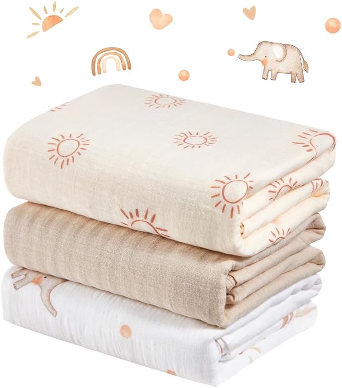 3-Pack 100% Cotton Muslin Swaddle Blankets, Large 47 x 47 Inches — Breathable Soft Receiving Blankets for Newborns, Swaddling Wraps, Registry Gift (Sunny Elephant Theme)