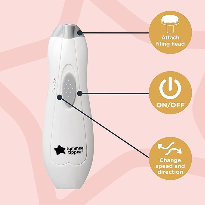 Tommee Tippee Baby Nail File, Electric, for Baby, with Six Filing Heads, Battery-Powered Infant Nail Clipper with LED Light and Adjustable Speed and Direction Settings
