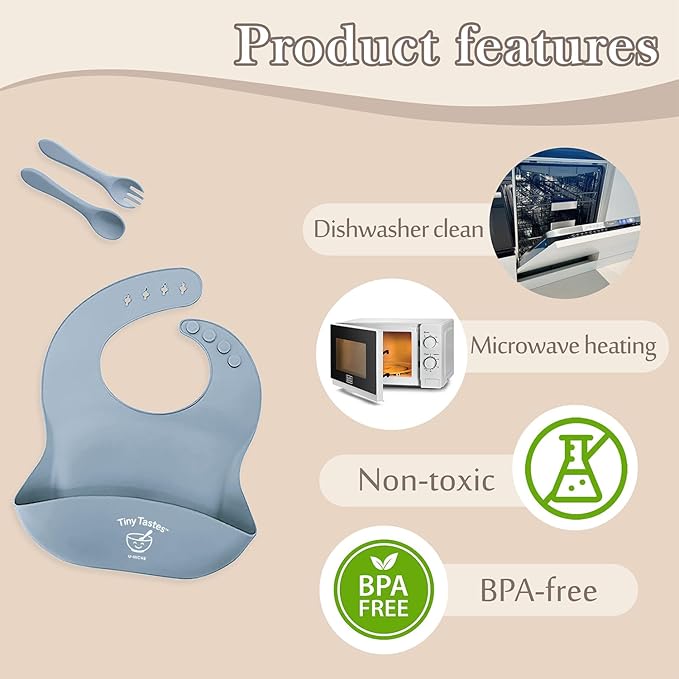 Tiny Tastes 10-Piece Silicone Baby Feeding Set – BPA-Free, Spill-Proof Suction Plate, Bowl, Bib, Snack Cup & Utensils | Dishwasher Safe, Baby Gift Ready (Blue)