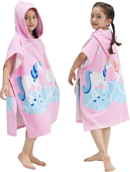 BANGSAUR Kids Hooded Towel Bath Beach Soft Cotton Towels Girls Absorbent Pool Wrap with Hood Baby Toddler Poncho Robe(Unicorns,5-9Years/Height:43"-51")