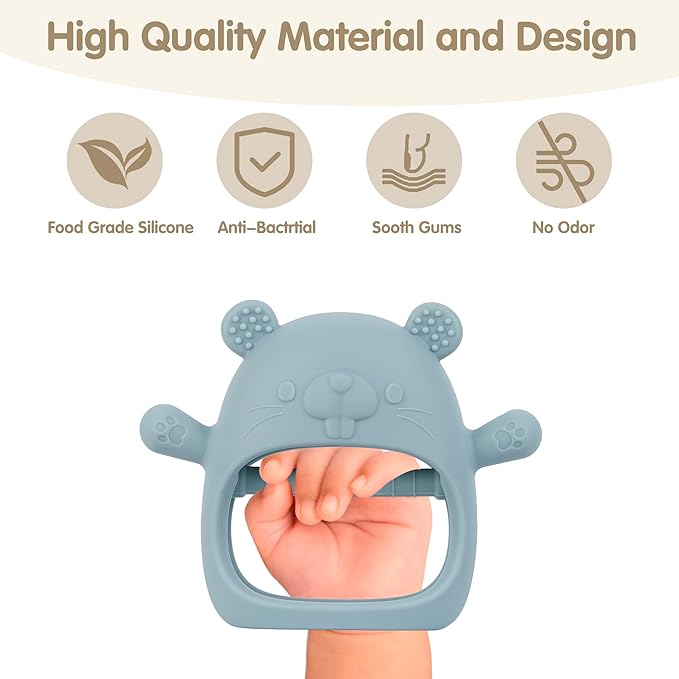 Silicone Baby Teether Toy for 3-24Months, BPA-Free Handheld Teething Relief Toy for Sore Gums, Easy-to-Grip Animal Design for Infants & Toddlers, Dishwasher Safe(Groundhog Dusty Blue)