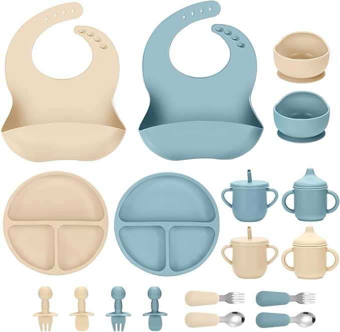 JELLDJK Silicone Baby Feeding Set, 18PCS Baby Led Weaning Supplies, Eating Essentials Utensils with Suction Plate and Bowl, Adjustable Silicone Bib, for 6+ Months (Blue+Beige)