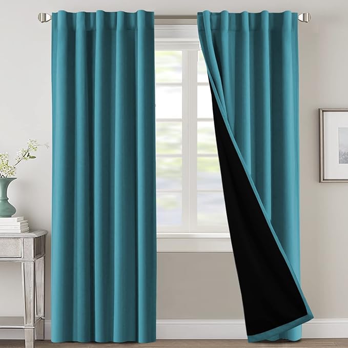H.VERSAILTEX 100% Blackout Curtains for Bedroom with Black Liner Full Room Darkening Curtains Thermal Back Tab/Rod Pocket Window Drapes for Living Room, 2 Panels, 42 x 84 Inch, Turquoise Blue