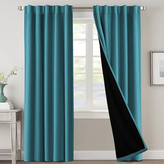 H.VERSAILTEX 100% Blackout Curtains for Bedroom with Black Liner Full Room Darkening Curtains Thermal Back Tab/Rod Pocket Window Drapes for Living Room, 2 Panels, 42 x 84 Inch, Turquoise Blue