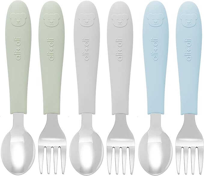 Ali+Oli Toddler Utensils Set (6 Pack) – Stainless Steel Kids Silverware with Soft Silicone Handles, BPA Free Baby Forks and Spoons, Durable Children Flatware Dishwasher Safe for Self Feeding (Bears)
