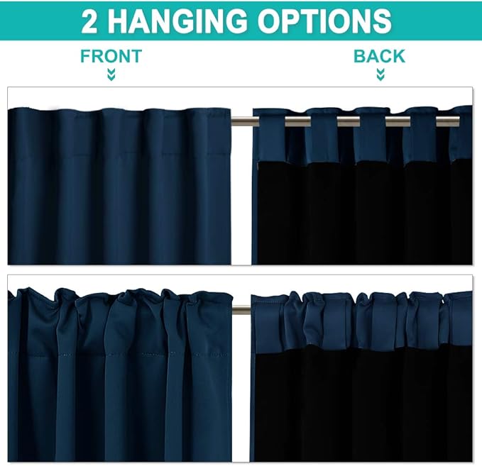 NICETOWN 100% Blackout Bedroom Curtains Navy, Thermal Insulated Black Liner Curtains for Nursery Room, Noise Reducing and Cold Blocking Drapes for Windows (Set of 2, 52-inch Wide by 63-inch Long)