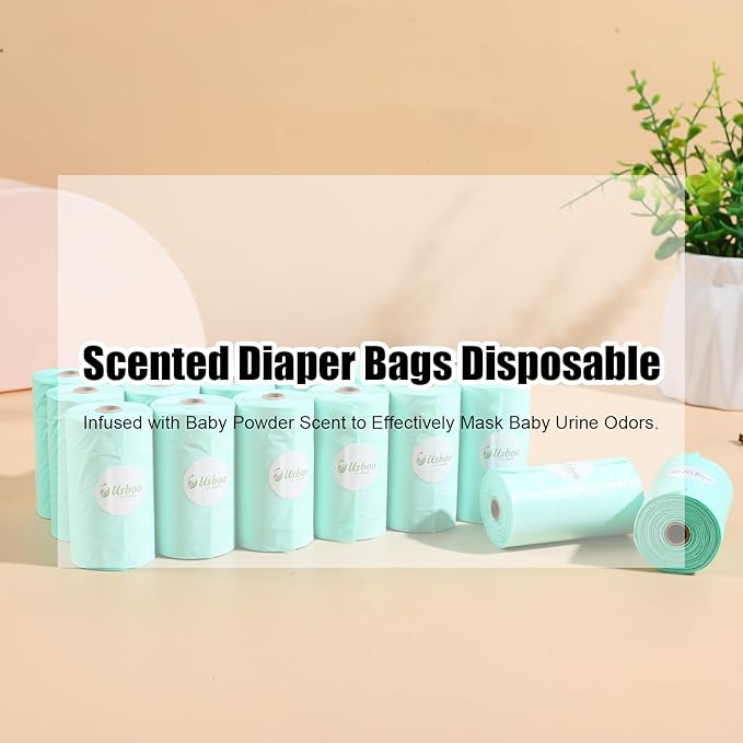 USBOO Diaper Bags Disposable for Baby - 20 Refill Rolls (300 Pack) Diaper Trash Bags with Dispenser, Diaper Bag Accessory, Fresh Powder Scent