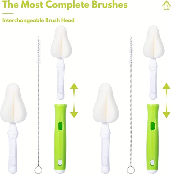 Carebabymore 8 Piece Sponge Nipple Bottle Brushes, Baby Bottle Brush with 3 Piece Nipple Cleaner, 3 Piece Replacement Heads and 2 Piece Straw Brushes, Green
