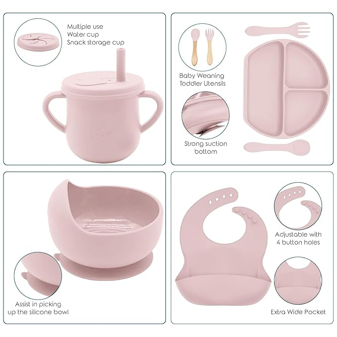 Dormlony 100% Silicone baby feeding set,BPA free Baby dishes set with Suction Bowl Divided Plate,Toddler Self Feeding Dish Set with Spoons Forks Sippy Cup And Bib, Baby Eating Utensils (Lilac)