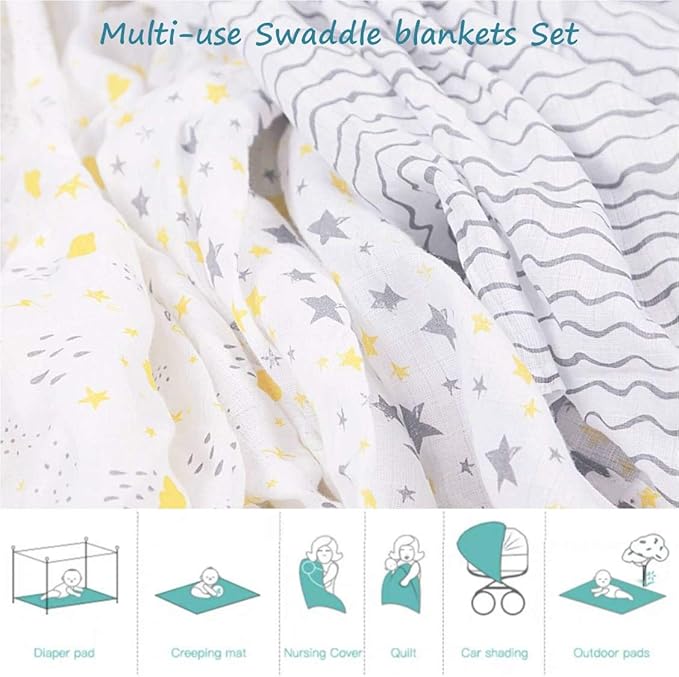 Little Grape Land Muslin Swaddle Blankets 47''x47'' 3 Pack, 100% Cotton Large Size Baby Swaddles for Newborn, Soft Breathable Baby Blankets for Newborns, Yellow