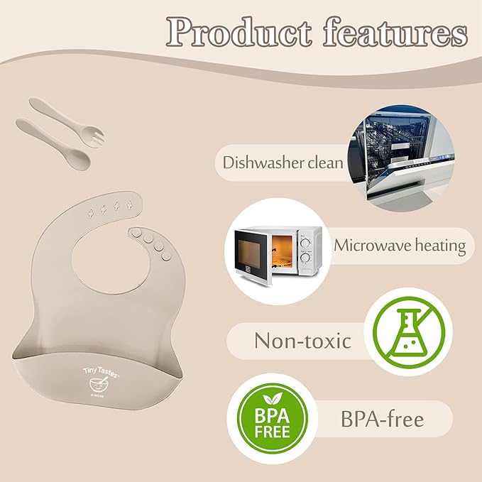 Tiny Tastes 10-Piece Silicone Baby Feeding Set – BPA-Free, Spill-Proof Suction Plate, Bowl, Bib, Snack Cup & Utensils | Dishwasher Safe, Baby Gift Ready (Beige)