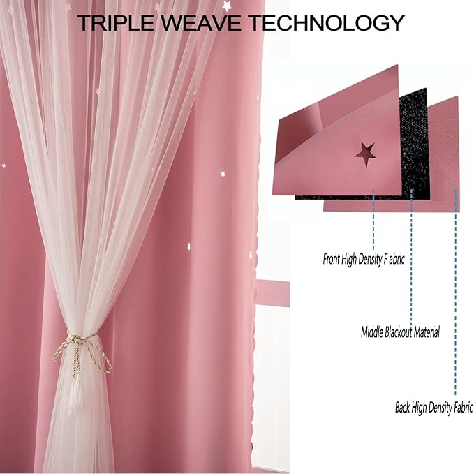 Pink Curtains for Girls Bedroom Kids Baby Room Decor Cute Double Layer Star Cutout Curtains Room Darkening Window Curtain for Nursery (Pink, 42W x 84L,2 Panels)