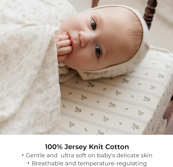 Ely's & Co. Pack and Play Sheets, for Mini/Portable Crib, 2 Pack Fitted Playpen Play Yard Sheet Set Compatible with Graco Pack n Play, for Baby Boys, 100% Cotton, 38”x24”x5” Blue Linear Berry Leaf