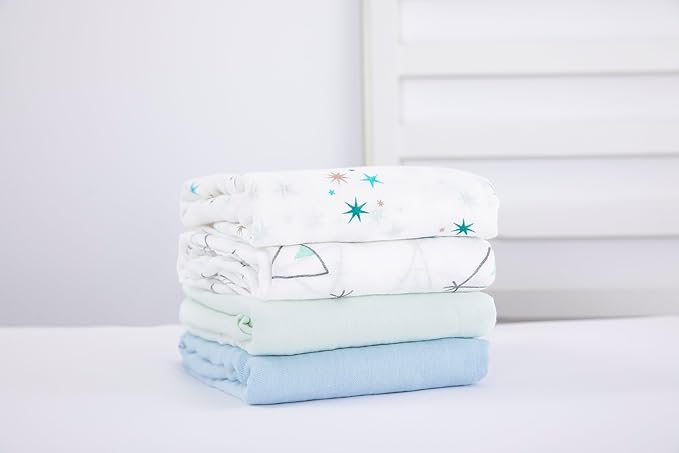 Muslin Swaddle Blankets for Baby Boys and Girls, 4-Pack Breathable and Skin-Friendly Receiving Blanket Wrap, Baby Essentials, Registry & Gift, 47 x 47 inches (Blue Sky)