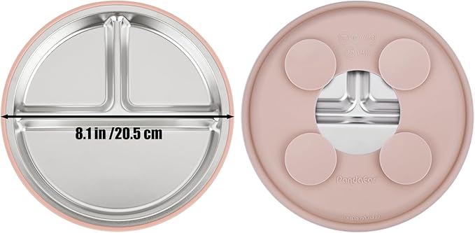 PandaEar 3 Pack Stainless Steel Baby Suction Plates, Divided Toddler Plate for Baby Led Weaning Supplies, Non-Slip Toddler Baby Feeding Set Dishwasher Safe (Pink/Linen/Light Pink)