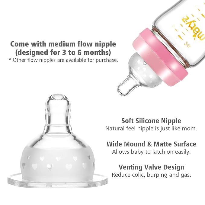 Matyz Glass Breastmilk Baby Feeding Bottle with Nipple, 4 Pack, 8 oz Slim and Light Bottle Easy to Hold, Food Grade Borosilicate Glass, Wide Neck Easy to Clean, No BPA (Pink Lids)