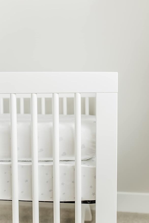 Satin Fitted Crib Sheet (2 Pack) Premium Oeko-TEX Certified Satin Crib Sheet Set, Prevents Bald Spots Like Silk Crib Sheets for Baby Hair (White with Light Gray Hearts & Stars)