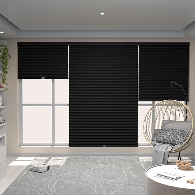MYshade Custom Size Cellular Shades, Cordless Customized Blackout Windows Blinds for Bedroom, French Door, Bathroom, Kitchen, Camper, Room Darkening Light Control Pull Down Window Shades Black