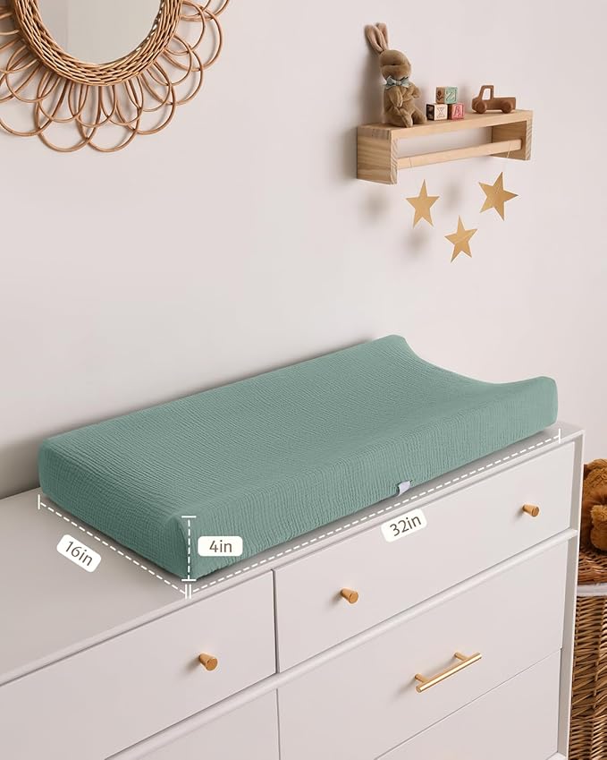Blissful Diary Muslin Changing Pad Cover for Girls Boys, Ultra Soft Breathable Cotton, Baby Diaper Change Table Pad Covers, 2Pack (Checkered Green & Sage Green)