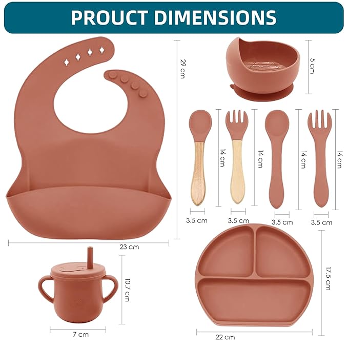 Dormlony 100% Silicone Baby Feeding Set, 9 Pcs: Bib, Divided Plate, Bowl, Sippy Cup, Spoons & Forks (Carrot)