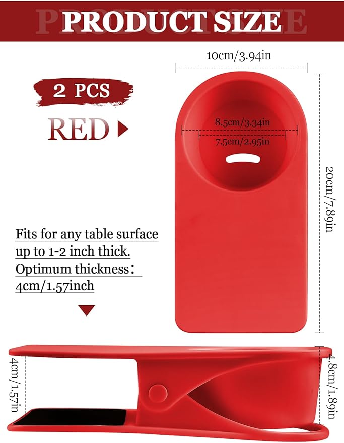Kalolary 2-Pack Table Edge Cup Holder - Versatile Clip for Drinking Cups, Mugs & Bottles - Ideal for Home, Office & School (Red)