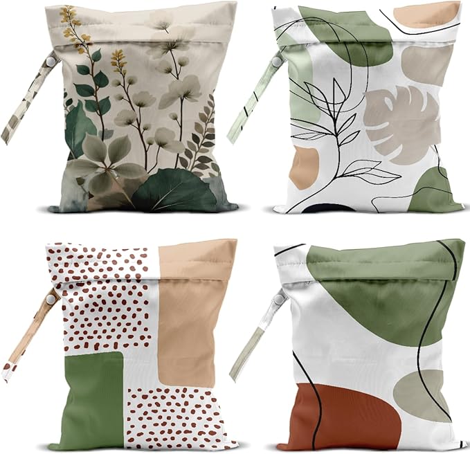 4 Pack Boho Green Abstract Botanical Wet Bag Waterproof Washable Reusable Wet Dry Bag for Swimsuit Dirty Clothes Diaper Travel Beach Pool Gym Birthday Toiletries Beach Essentials，Modern Nordic Style