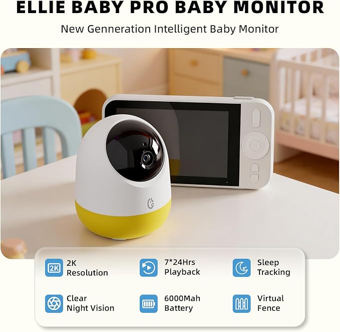 Ellie Pro Baby Monitor with 2 Cameras,5'' IPS 2K UHD Resolution,6000mAh Battery, Remote Pan-Tilt-5X Zoom, 2-Way Talk,No WiFi, Night Vision, Virtual Fence and 1000ft Range
