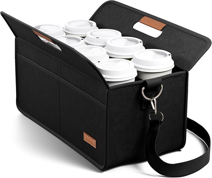 Fluxynara 8-Cup Reusable Felt Drink Carrier with Handle and Adjustable Shoulder Strap, Drink Holder for Car, Multi-Cup Drink Carrier Bag for Delivery, Travel, Picnics (Black)