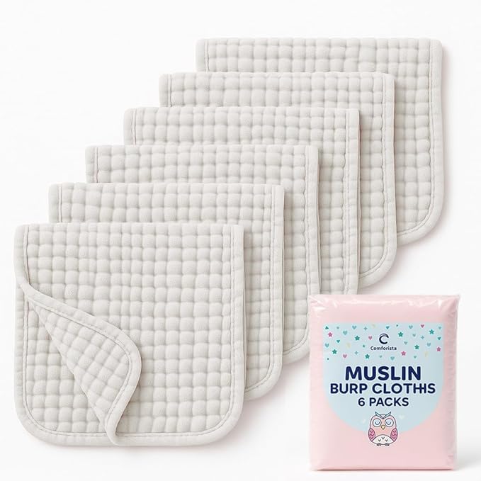 Comforista White Muslin Burp Cloths for Babies Set of 6, 20"x10", Baby Girl Burp Cloths Absorbent & Soft, No Shrinkage, Hypoallergenic, Burping Cloths Perfect for Baby Boy/Girl