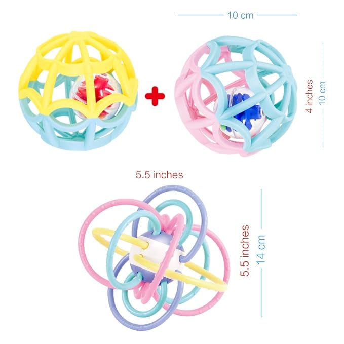 WEofferwhatYOUwant Baby Teether and Sensory Play Ball Set - 3 Piece Bundle with Rattle Teething Ring 2 BPA-Free Grasping Balls Safe Montessori Developmental Toys for Infants and Toddlers 0-6 Months