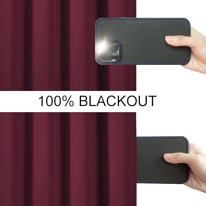 LEMOMO 100% Blackout Curtains 52 x 84 Inch/Burgundy Red Curtains 2 Panels with Black Lining Room Darkening Thermal Insulated Bedroom Curtains