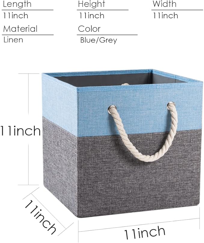PRANDOM Large Foldable Cube Storage Bins 11x11 inch [2-Pack] Fabric Linen Storage Baskets Cubes Drawer with Cotton Handles Organizer for Shelves Nursery Closet Bedroom Blue
