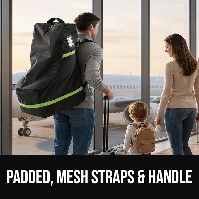 GORILLA GRIP Tear and Water Resistant Padded Car Seat Travel Bag for Airplane and Airport, Universal Fit Baby Carseat Bags, Handle & Shoulder Straps, Air Gate Check Toddler Stroller Carrier, Green