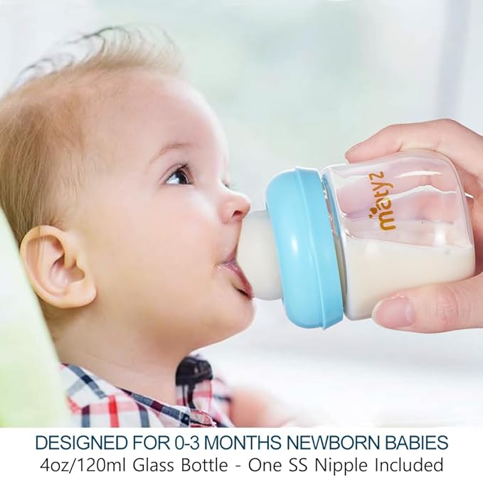 Matyz 2-Pack Glass Baby Breastfeeding Bottles with Caps (Blue, 4Oz) - Wide Neck New Born Bottles for Baby Breastfeeding - 4 Oz Glass Baby Bottles with Lids - Breastfeeding Bottles for Newborn Babies