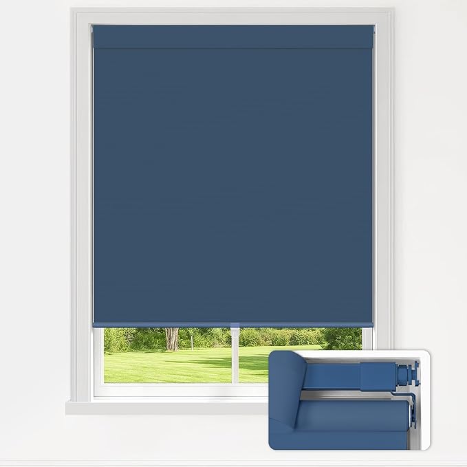 LazBlinds No Drill Blinds for Indoor Windows, Blackout Roller Shades, Cordless Window Blackout Blinds, Thermal Insulated Fabric UV Protection for Home and Office, 27.5" W x 72" H, Navy Blue