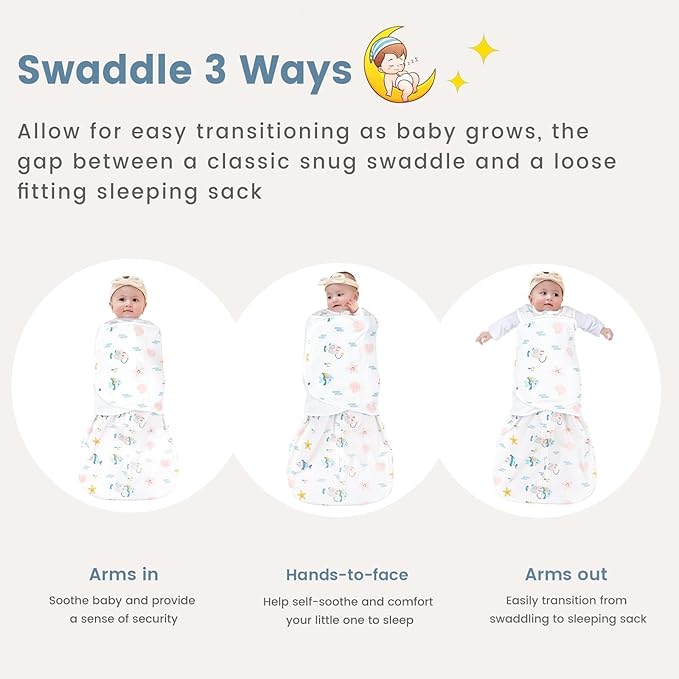 ZIGJOY Sleep Sack Swaddle 1.0 Tog Baby Wearable Blanket 100% Cotton Adjustable Silent Transition Swaddle Blanket, 6-12 Months, Ocean